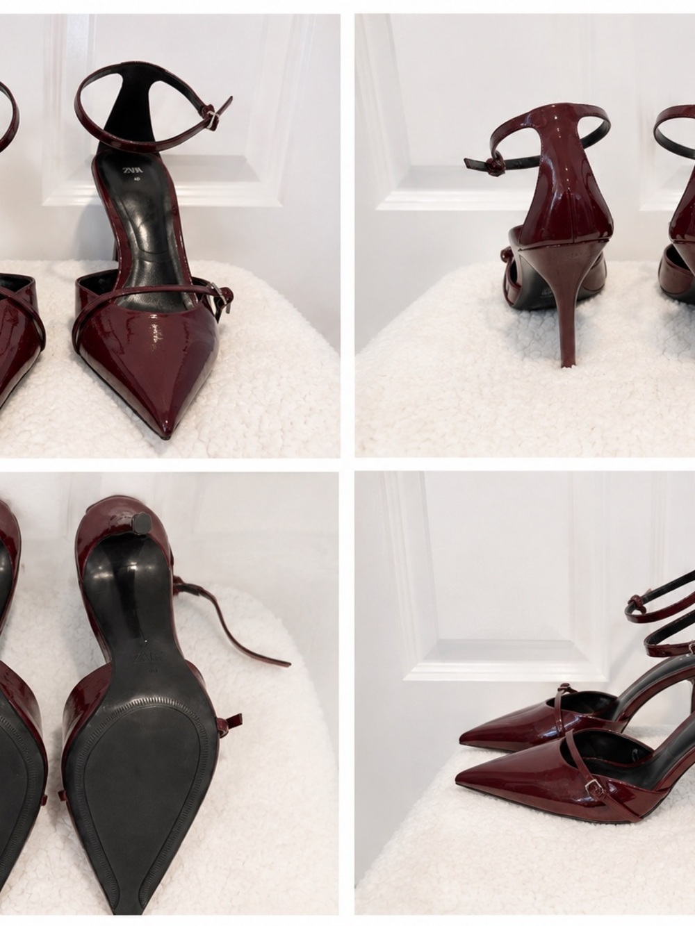 Zara Pointed Ankle-Strap Stiletto Pumps - Burgundy Patent
